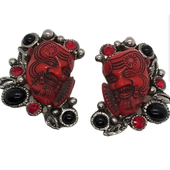 PAUL SELENGER DESIGNER RARE OKINA MASK STATEMENT CLIP ON EARRINGS - Picture 3 of 5